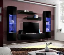 Dunkle Wohnwand Hompland 12, Farbe: Schwarz - Abmessungen: 170 x 260 x 40 cm (H x B x T), mit Push-to-open Funktion