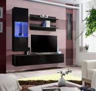 Schlichte Wohnwand Hompland 84, Farbe: Schwarz - Abmessungen: 170 x 160 x 40 cm (H x B x T), mit blauer LED-Beleuchtung