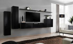 Elegante Wohnwand Balestrand 02, Farbe: Schwarz - Abmessungen: 160 x 330 x 40 cm (H x B x T), mit vier Türen