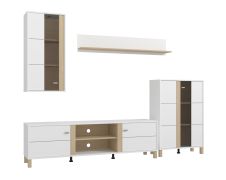 Wohnwand | 2 Vitrinen | Farbe: Opak Weiß / Eiche hell Port | 1 TV-Unterschrank | 1 Wandregal | Maße: 260 x 40 x 183 cm | getöntes Glas | 2 Kabeldurchführungen