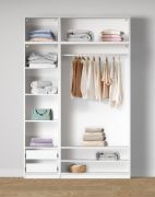 Offener Kleiderschrank | 2 Kleiderstangen | Farbe: Weiß | 8 Fächer | 2 Innenschubladen | Maße: 154 x 55 x 234 cm | 5 Holzeinlegeboden | für Ankleidezimmer