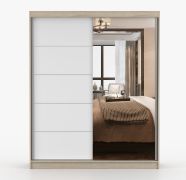 Schiebetürenschrank 1,6 Meter breit / Kleiderschrank | Galtee 07 | Weiß / Eiche | mit Spiegel | 6 Fächer | 2 Türen | 195 x 160 x 61 cm | robust