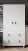 2 Meter hoher Drehtürenschrank / Kleiderschrank | Weiß | Taygetos 03 | 201 x 105 x 55 cm | 2 Türen | 4 Schubladen | 6 Fächer | Einfarbig | Ledergriffe