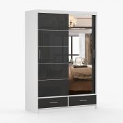 Schiebetürenschrank / Kleiderschrank mit Spiegel | 218 x 150 x 61 cm | Schwarz / Weiß | Lusatian 03 | 2 Türen | 2 Schubladen | 6 Fächer | Zweifarbig