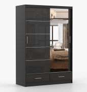 1,5 Meter breiter Schiebetürenschrank / Kleiderschrank mit Spiegel | Schwarz | Lusatian 04 | 218 x 150 x 61 cm | 2 Türen | 2 Schubladen | 6 Fächer