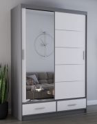Schiebetürenschrank / Kleiderschrank mit Spiegel | Weiß / Grau | Lusatian 06 | 218 x 150 x 61 cm | 2 Türen | 2 Schubladen | 6 Fächer | viel Stauraum