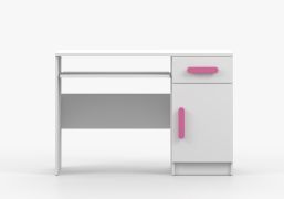1,1 Meter breiter Schreibtisch | Weiß | Smolikas 90 | 1 Türe | 75 x 110 x 50 cm | rosa Holzgriffe | 1 Schublade | 3 Fächer
