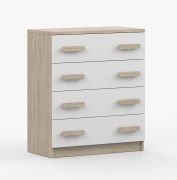 Kommode 80 cm breit| Weiß / Sonoma Eiche | Smolikas 07 | 90 x 80 x 40 cm | 4 Schubladen | braune Holzgriffe | Kinder | Jugend