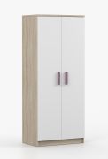 Drehtürenschrank / Kleiderschrank | 192 x 80 x 50 cm | Weiß / Sonoma Eiche | Smolikas 54 | 2 Türen | Kleiderstange | 5 Fächer | violette Holzgriffe