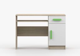 1,1 Meter breiter Schreibtisch | Weiß /  Eiche | grüne Holzgriffe | Smolikas 76 | 3 Fächer | 1 Schublade | 75 x 110 x 50 cm