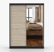 Schiebetürenschrank / Kleiderschrank mit Spiegel Sonoma Eiche / Schwarz | Bucegi 25 | 200 x 150 x 61 cm | 2 Türen | Griffe: Aluminium | 6 Fächer