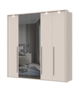 Fünftüriger Kleiderschrank mit LED-Rahmen Neiafu 70, Farbe: Kaschmir, Maße: 224 x 227 x 56 cm, zwei Spiegeltüren, verstellbare Füße, drei Kleiderstangen
