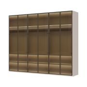 Sechstüriger Kleiderschrank mit Glastüren inkl. Innenbeleuchtung Neiafu 21, Farbe: Kaschmir, Maße: 224 x 272 x 56 cm, drei Kleiderstangen, Soft-Close-Funktion
