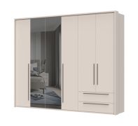 Drehtürenschrank mit Rahmen Neiafu 51, zwei Spiegeltüren, zwei Schubladen, Farbe: Kaschmir, drei Kleiderstangen, Maße: 224 x 272 x 56 cm, Soft-Close-Funktion