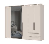 Breiter Drehtürenschrank mit LED-Rahmen Neiafu 79, Farbe: Kaschmir, zwei Spiegeltüren, zwei Schubladen, Soft-Close-Funktion, Maße: 224 x 272 x 56 cm