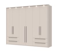 Sechstüriger Kleiderschrank mit LED-Rahmen Neiafu 80, vier Schubladen, drei Kleiderstangen, fünf Einlegeböden, Maße: 226 x 277 x 60 cm, hochwertige Verarbeitung