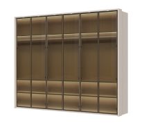 Glastüren-Kleiderschrank mit sechs Türen Neiafu 77, inkl. LED-Rahmen und Innenbeleuchtung, drei Kleiderstangen, Maße: 224 x 272 x 56 cm, Soft-Close-Funktion