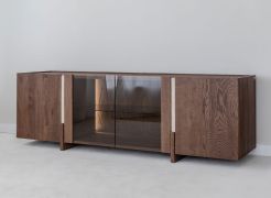 TV-Unterschrank | Farbe: Tabacco | Massivholz | Eichenholz geölt | Travertin Stein | 180 x 46 x 56 cm | Rückwand: HDF | inkl. LED-Beleuchtung
