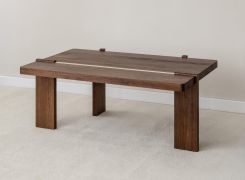 Couchtisch | Farbe: Tabacco | Massivholz | Eichenholz geölt | Travertin Stein | 102 x 60 x 41,5 cm | stabile Beine | Minimalistisch