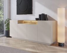 Kommode | Farbe: Beige / Eiche Cremona | 4 Drehtüren | inkl. LED-Beleuchtung | 9 Fächer | 203 x 40 x 83 cm | Push-to-open Funktion | Sideboard | ABS-Kanten