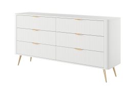 Kommode | 6 Schubladen | Weiß | Maße: 81 x 163 x 38 cm | langes Sideboard | Griffe & Beine: Metall | modernes Lamellen Design | für Wohnzimmer