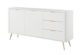 Kommode | langes Sideboard | Weiß | 3 Schubladen | 4 Fächer | Maße: 81 x 163 x 38 cm | Griffe & Beine: Metall | 2 Türen | Lamellen Design