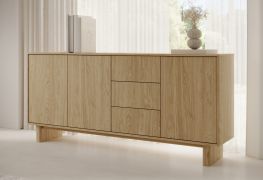 Kommode | Farbe: Eiche geölt | Push-to-open Funktion | 183 x 38 x 83 cm | 3 Drehtüren | 3 Schubladen | 6 Fächer | Sideboard | ABS-Kanten