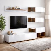 Wohnwand Mondura | Sea Wood Vintage-Korpus mit weißen UV-Hochglanzfronten  | 240 x 40 x 150 cm | Push-to-open