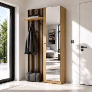 Garderobe Komplett - Set Miavorla 2 | Farbe: Eiche Artisan/ Schwarz | Ablage | 3 Haken | großer Spiegel | 100 x 40 x 198,5 cm | Schrank mit 4 Fächern