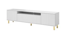 Helles TV-Board / TV-Möbel Cienequillas 07, Farbe: Weiß, Front: geriffelt, Beine: Gold, Push-to-open Funktion, Maße: 54 x 200 x 40 cm, für Wohnzimmer