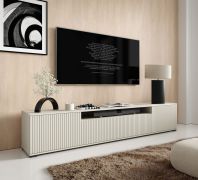 TV-Unterschrank | Kaschmir | Push-to-open Funktion | 2 Drehtüren | 1 Kipptür | Maße: 200 x 40 x 42 cm | Beine: Schwarz | 4 Fächer | TV-Möbel