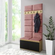 Garderobe 01 mit gepolsterter Sitzbank/Wand, Artisan/Schwarz/Misty Rose, 215x100x40 cm, für 8 Paar Schuhe, 6 Kleiderhaken, Schuhschrank mit 4 Fächer