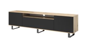 Stilvoller TV-Unterschrank mit Push-to-open Funktion Zapopan 112, Maße: 56 x 180 x 40 cm, vier Fächer, Farbe: Eiche Artisan / Schwarz, Beine: Metall