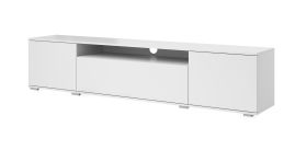 Schlichter TV-Unterschrank / TV-Möbel mit Push-to-open Funktion Zapopan 119, hochwertige Verarbeitung, Farbe: Weiß, Maße: 42 x 180 x 40 cm, ein Kabelloch, vier Fächer