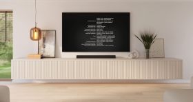 Hängender TV-Unterschrank | Kaschmir | 10 Drehtüren | 10 Fächer | 350 x 40 x 40 cm | Lamellen Design | für Wohnzimmer | TV-Möbel | Push-to-open Funktion