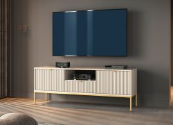 TV-Unterschrank / TV-Board mit einer Schublade Worthing 72, Farbe: Kaschmir, 1,5 Meter breit, zwei Türen, ABS-Kantenschutz, Beine und Griffe: Gold