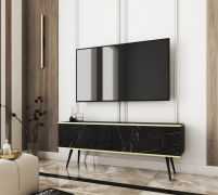 TV-Möbel / TV-Schrank mit Push-to-open Funktion Horsham 28, Farbe: Schwarzer Marmor, zwei Kippfächer, hängend montierbar, ABS-Kantenschutz, für Wohnzimmer