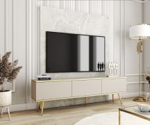 Moderner TV-Schrank / TV-Board mit Push-to-open Funktion Horsham 53, Farbe: Beige, hängend montierbar, drei Fächer, ABS-Kantenschutz, für Wohnzimmer