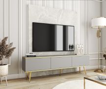 TV-Schrank / TV-Möbel mit drei Kippfächer Horsham 54, Farbe: Grau, ABS-Kantenschutz, Push-to-open Funktion, hängend montierbar, Beine: Gold