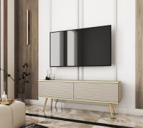 Moderner TV-Schrank / TV-Möbel mit geriffelter Front Horsham 39, Farbe: Beige, zwei Kippfächer, Beine: Gold, hängend montierbar, Push-to-open Funktion