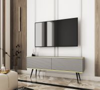 TV-Möbel / TV-Schrank mit zwei Kippfächer Horsham 22, Farbe: Grau, Beine: Schwarz, hängend montierbar, Push-to-open Funktion, ABS-Kantenschutz