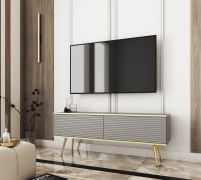 TV-Schrank / TV-Möbel mit geriffelter Front Horsham 40, Push-to-open Funktion, Farbe: Grau, zwei Kippfächer, hängend montierbar, Beine: Gold, für Wohnzimmer