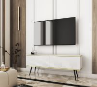 TV-Möbel / TV-Unterschrank Horsham 20, Farbe: Weiß, Push-to-open Funktion, hängend montierbar, Beine: Schwarz, Maße: 53 x 135 x 32 cm, zwei Kipptüren