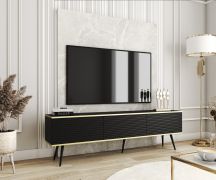 Moderner TV-Unterschrank mit Push-to-open Funktion Horsham 23, Farbe: Schwarz, Maße: 53 x 175 x 32 cm, einfaches Design, Beine: Schwarz, hängend montierbar