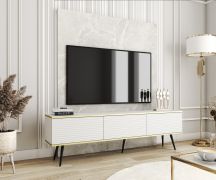 Großer TV-Schrank mit drei Kippfächer Horsham 24, Farbe: Weiß, hängend montierbar, Beine: Schwarz, Maße: 53 x 175 x 32 cm, Push-to-open Funktion