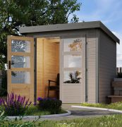 Holz Gartenhaus Fichte, wassergrau, stahlverstärkte Ecken, stabiles Pultdach aus Trapezblech, graualuminium, wartungsarm, Zylinderschloss, 2,09x2,13 m