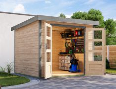 Pultdach Gartenhaus, nordische Fichte, naturbelassen, Dach graualuminium, wartungsarm, stabile Ecken mit Stahl, inkl. Zylinderschloss, 2,38×2,42 m