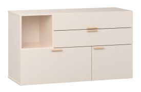 Kommode mit 3 Schubladen | ein offenes Fach | Soft-Close-Funktion | Farbe: Beige | Griffe & Beine: Eiche | Maße: 120 x 42 x 70 cm | 1 Tür | zwei Fächer