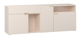 Kommode | 3 Türen | Farbe: Beige | Griffe & Beine: Eiche | 1 Schublade | Maße: 187 x 42 x 70 cm | zwei offene Fächer | Soft-Close-Funktion | sechs Fächer