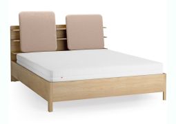 Doppelbett | Farbe: Eiche / Ecru | gepolsterte Kopfstütze | vier offene Regale | Behälter hinter Rückenlehne | 180 x 200 cm | inkl. Lift up Lattenrost